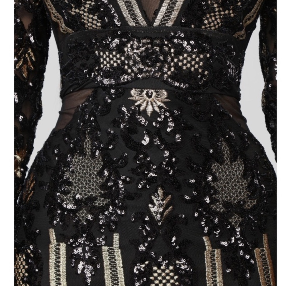 Fashion Nova Black and Gold Sequin Long Sleeve Dress